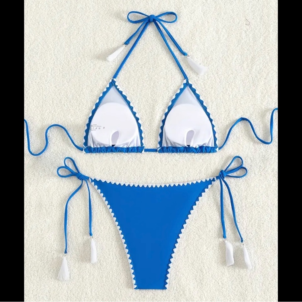 Blue & White, Boho, Tassel, Bikini Set - Picture 3 of 7